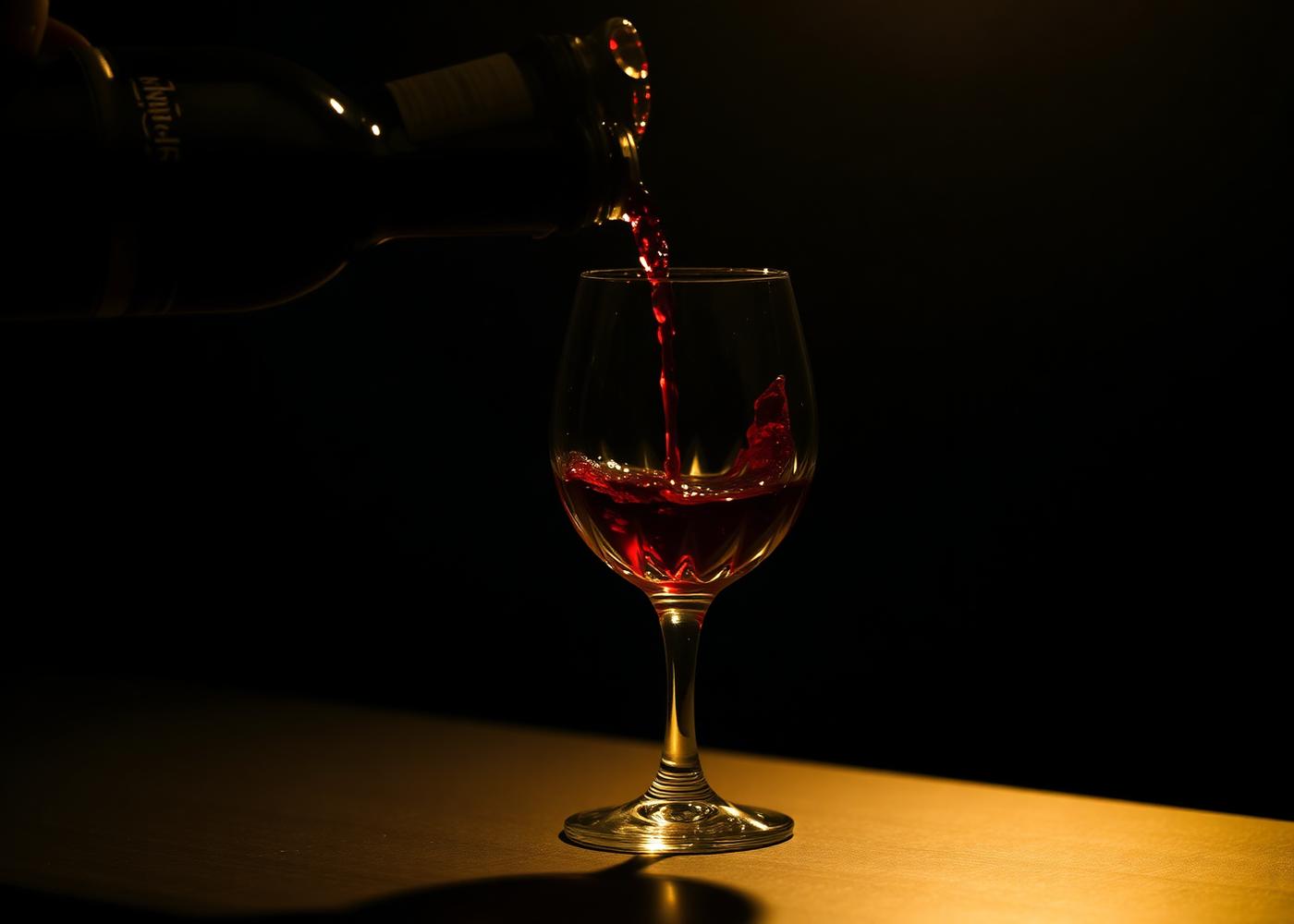 Red wine poured into a crystal glass under a single warm light in darkness