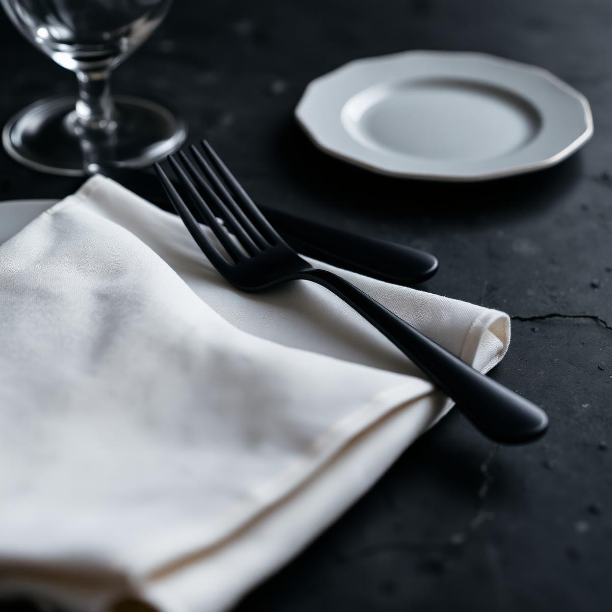 Folded linen napkin with matte black cutlery on a dark stone table