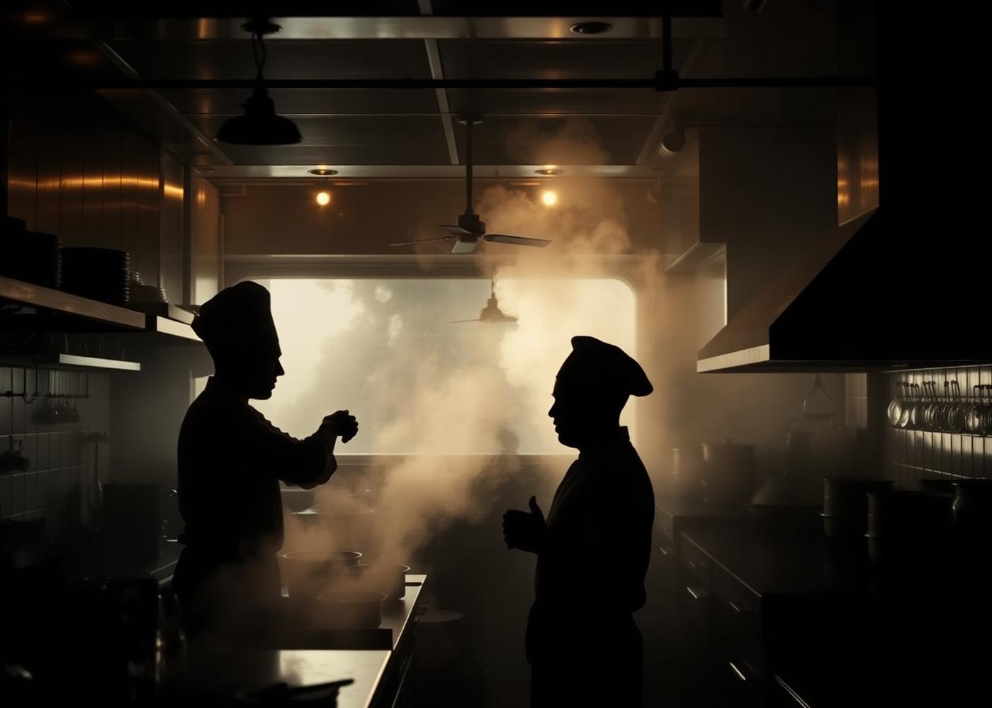 Silhouetted cooks working through steam in a dimly lit professional kitchen