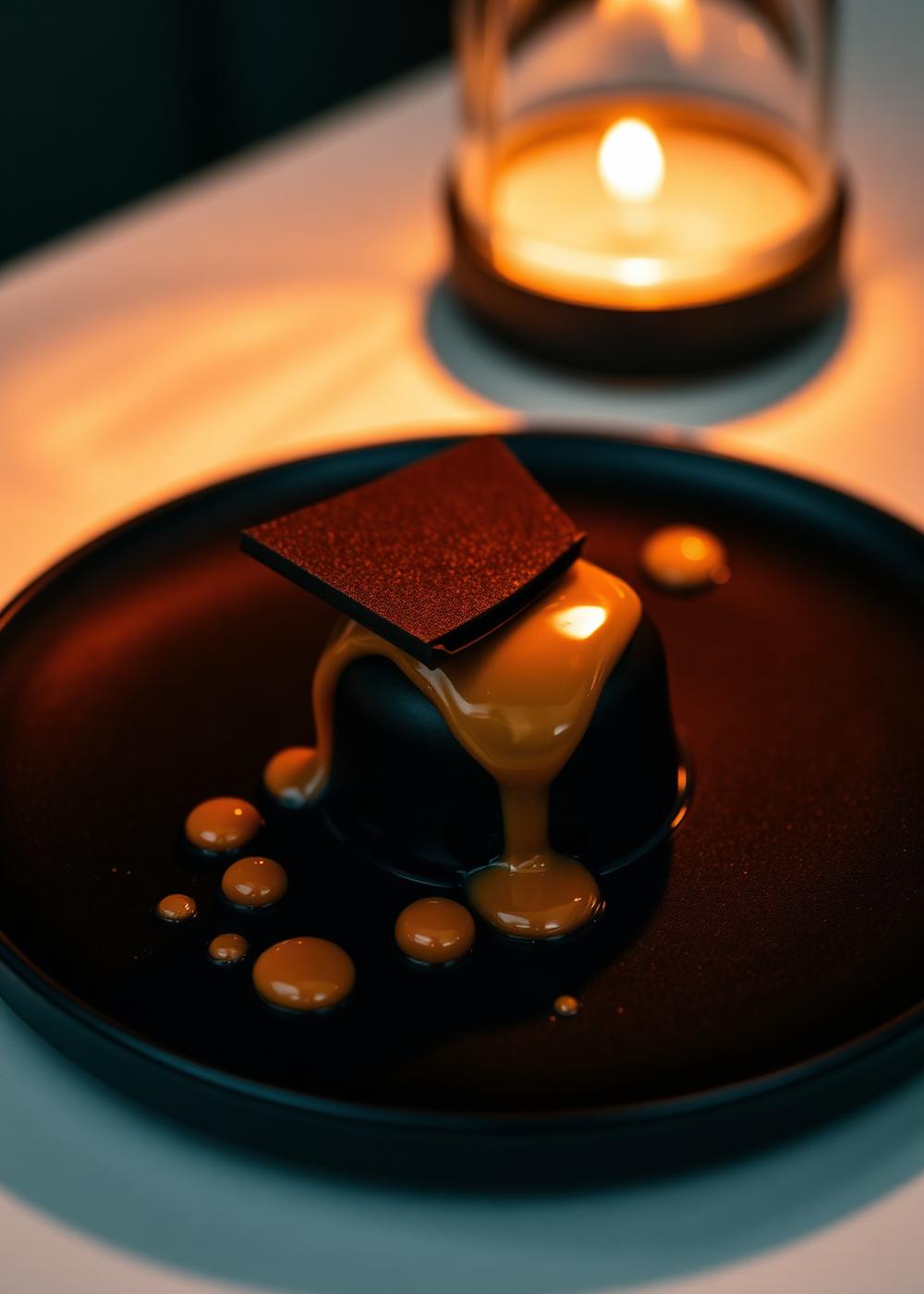 Dark chocolate dessert with miso caramel plated on black ceramic beside candlelight