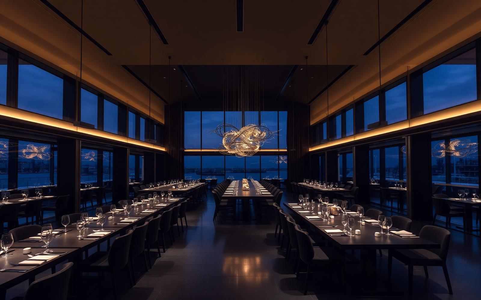 Wide view of an empty dining room at dusk with sculptural pendant lighting