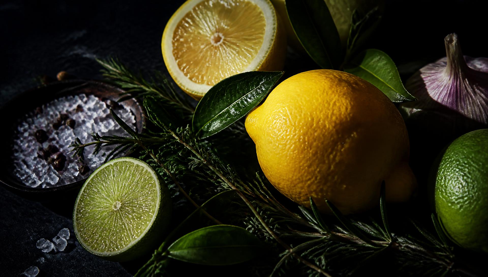 Citrus, herbs, peppercorns and sea salt lit dramatically on dark stone